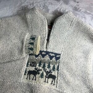 Vintage Alps Fleece Quarter Zip Pullover Women's Moose Tree Print Cream XL